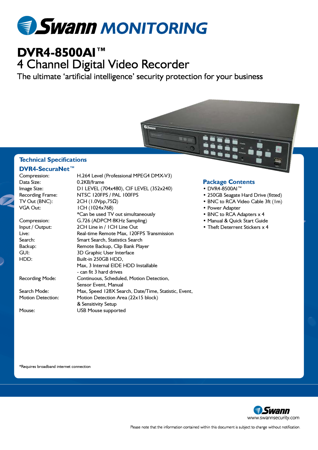 Swann DVR4-8500AI Monitoring, Channel Digital Video Recorder, Technical Specifications DVR4-SecuraNet, Package Contents 
