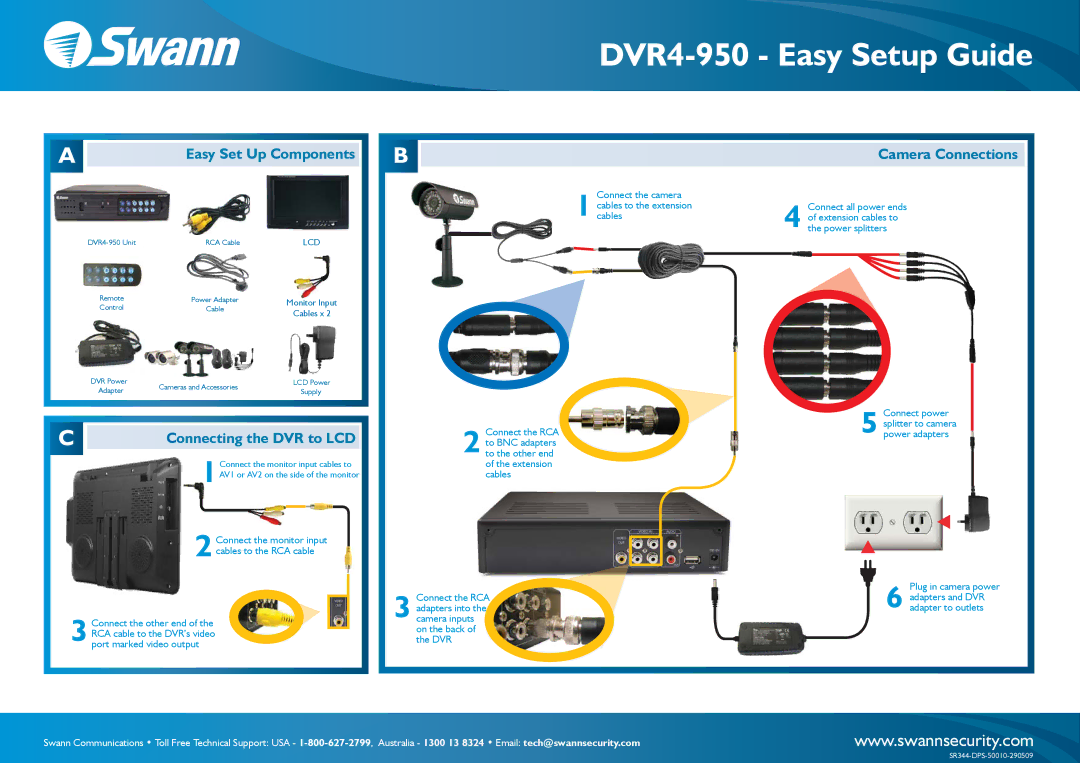 Swann DVR4-950 setup guide Easy Set Up Components Camera Connections, Connecting the DVR to LCD 