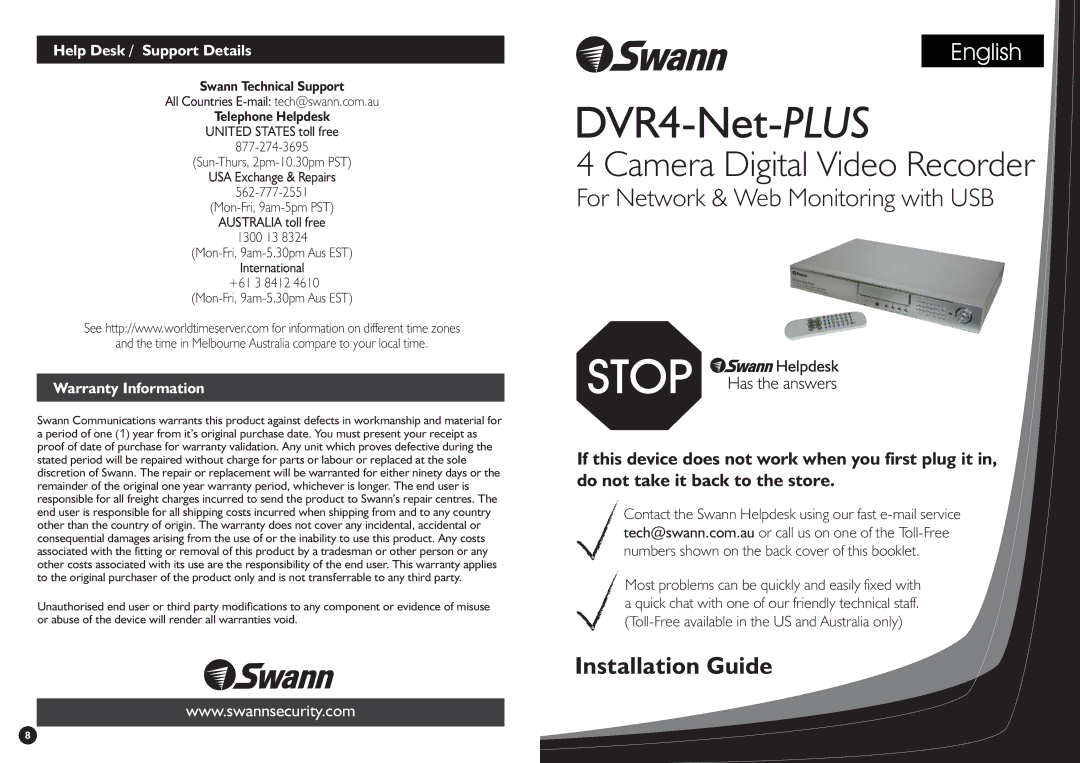 Swann DVR4-Net-PLUS warranty Help Desk / Support Details, Warranty Information 