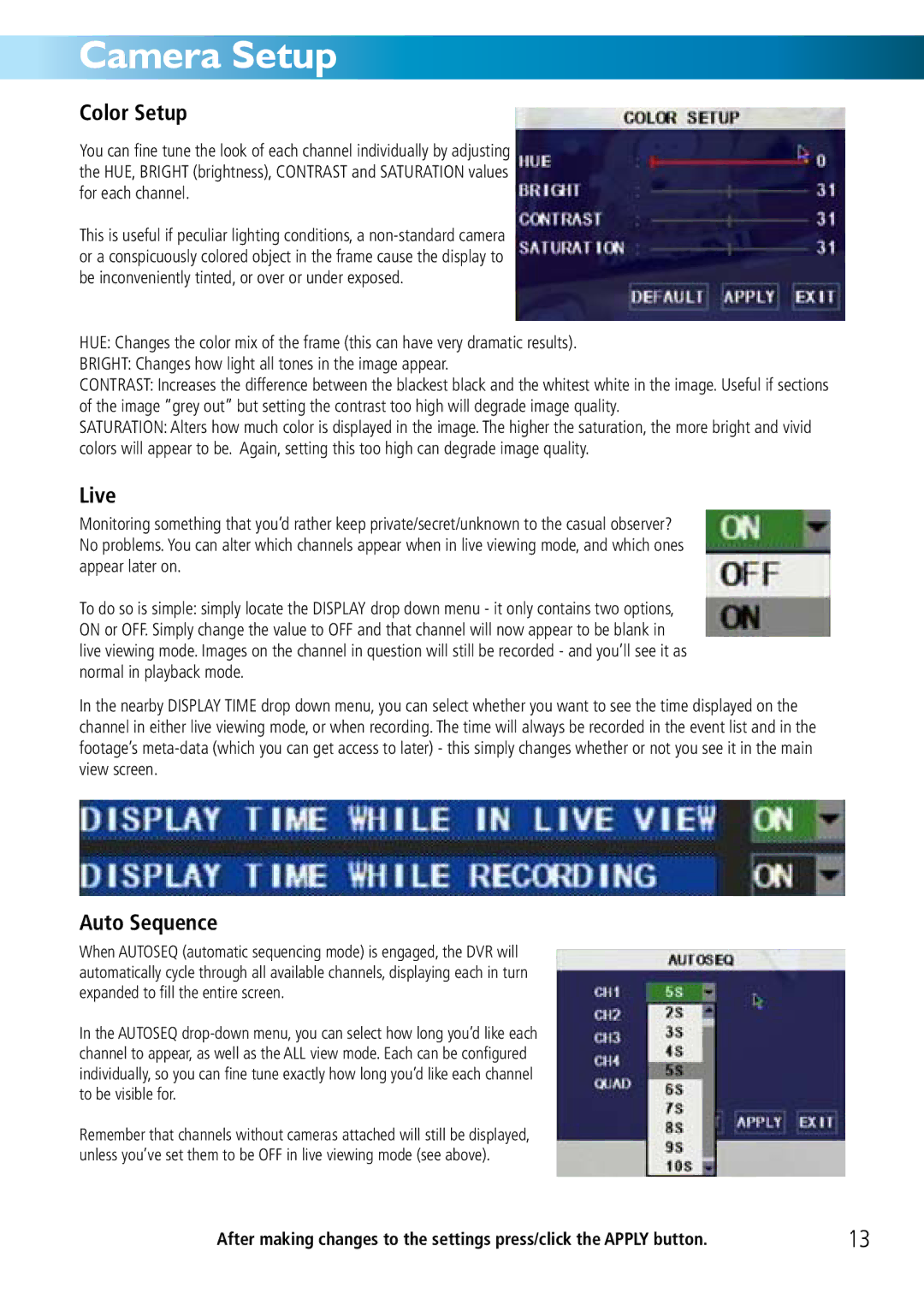 Swann DVR8-2500 manual Camera Setup, Color Setup, Live, Auto Sequence 
