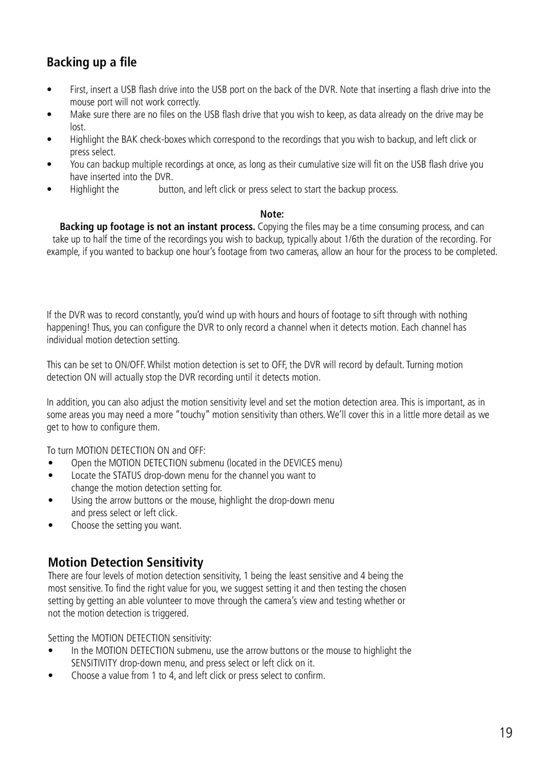 Swann DVR8-2500 manual Backing up Footage, Backing up a file, Motion Detection Sensitivity 