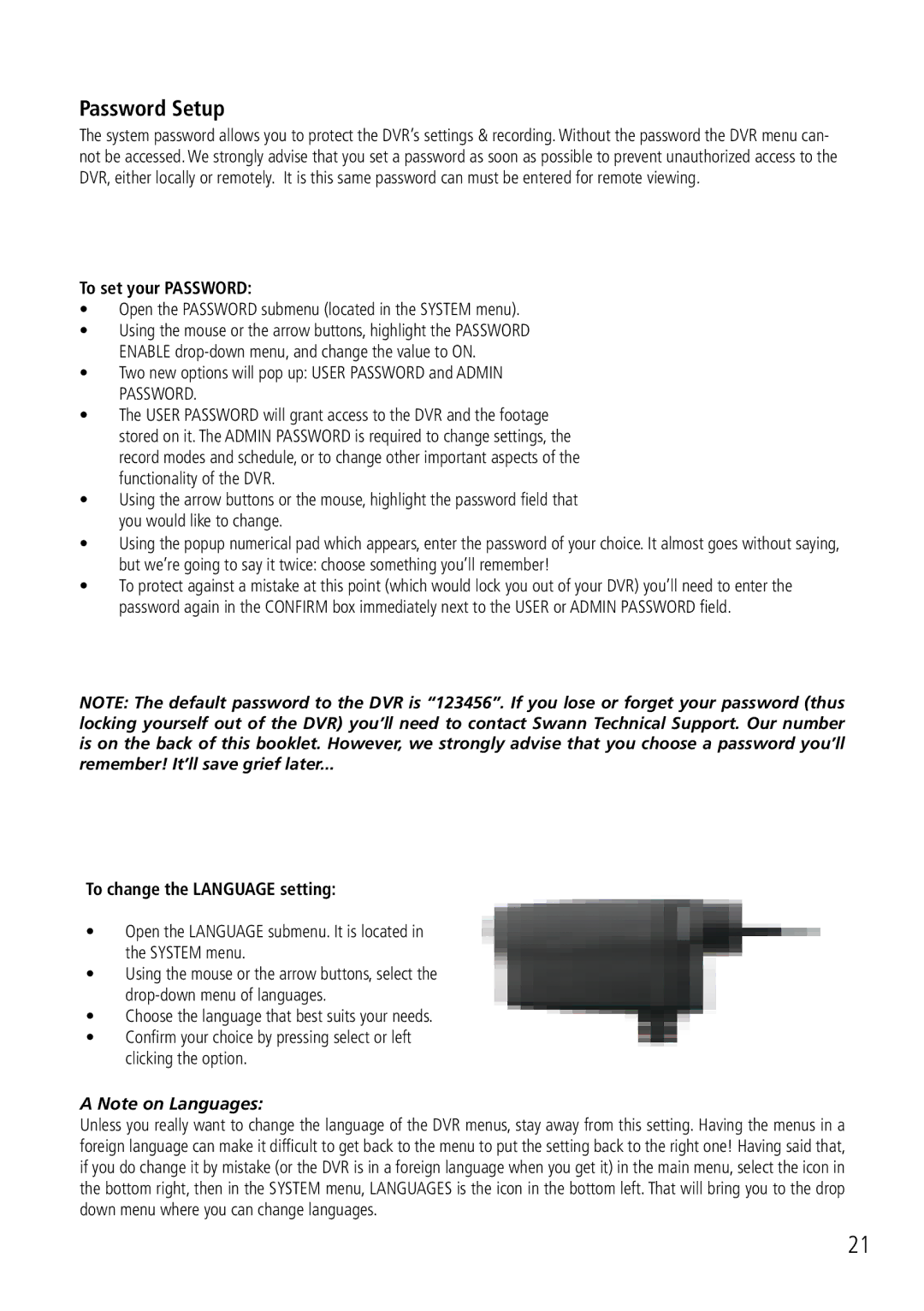 Swann DVR8-2500 manual Password Control, Password Setup, To set your Password, To change the Language setting 