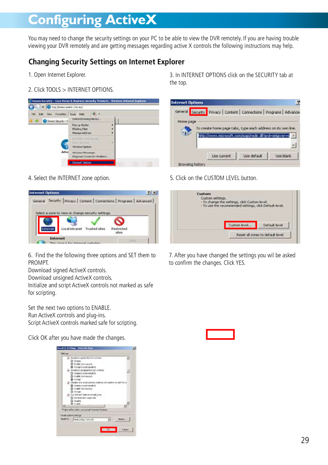 Swann DVR8-2500 manual Configuring ActiveX, Changing Security Settings on Internet Explorer, Open Internet Explorer 