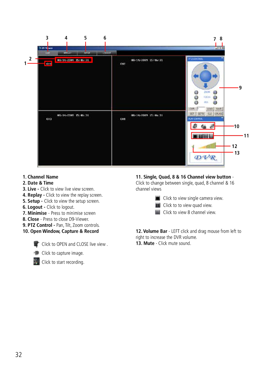 Swann DVR8-2500 manual D9 Viewer Software Layout, Channel Name Date & Time, Open Window, Capture & Record 