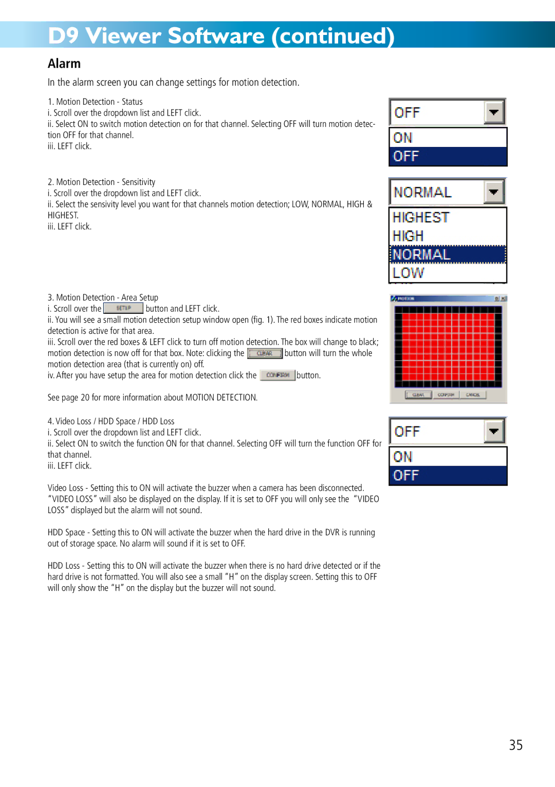 Swann DVR8-2500 manual Alarm screen you can change settings for motion detection 