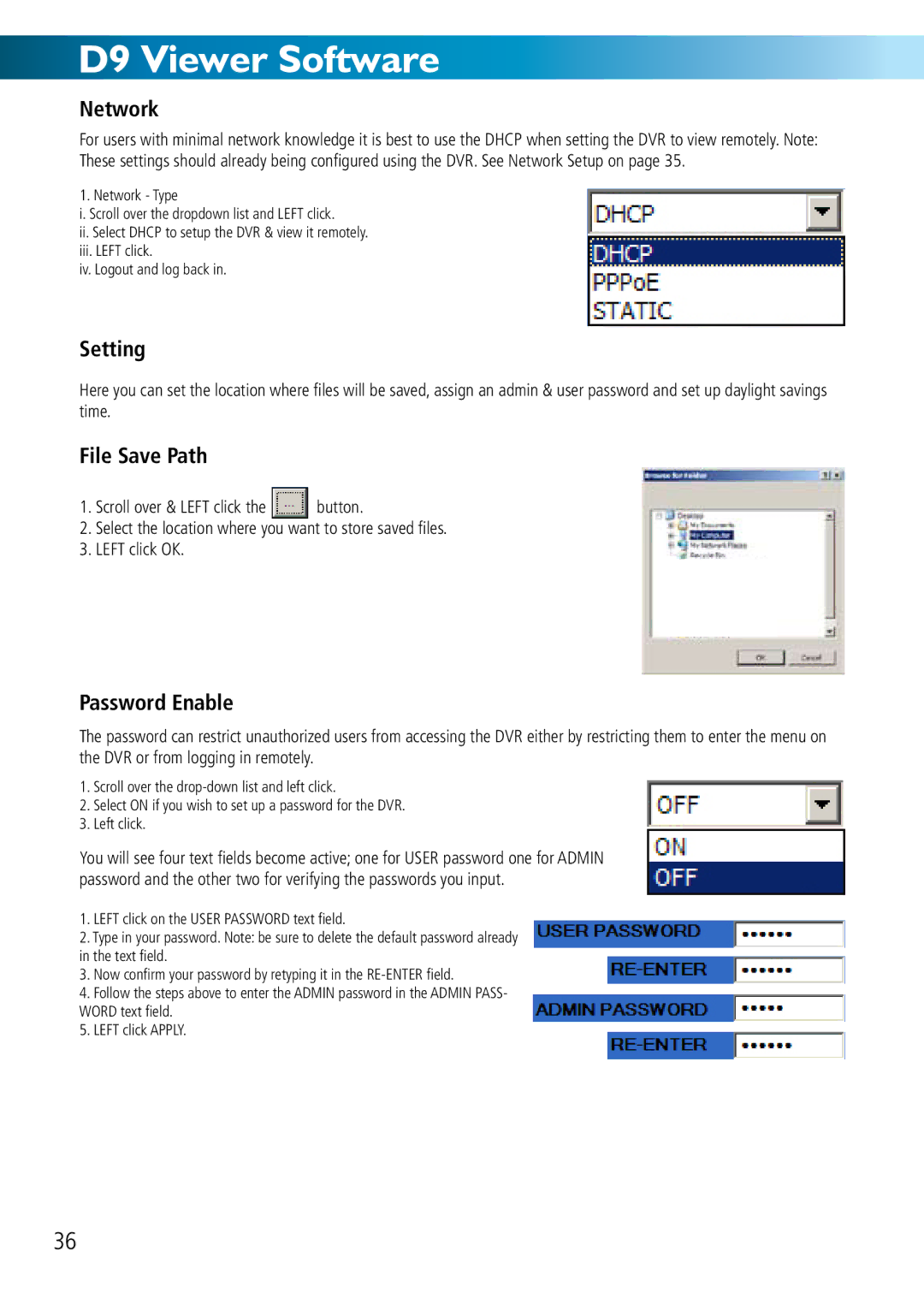 Swann DVR8-2500 manual Network, Setting, File Save Path, Password Enable, Scroll over & Left click 