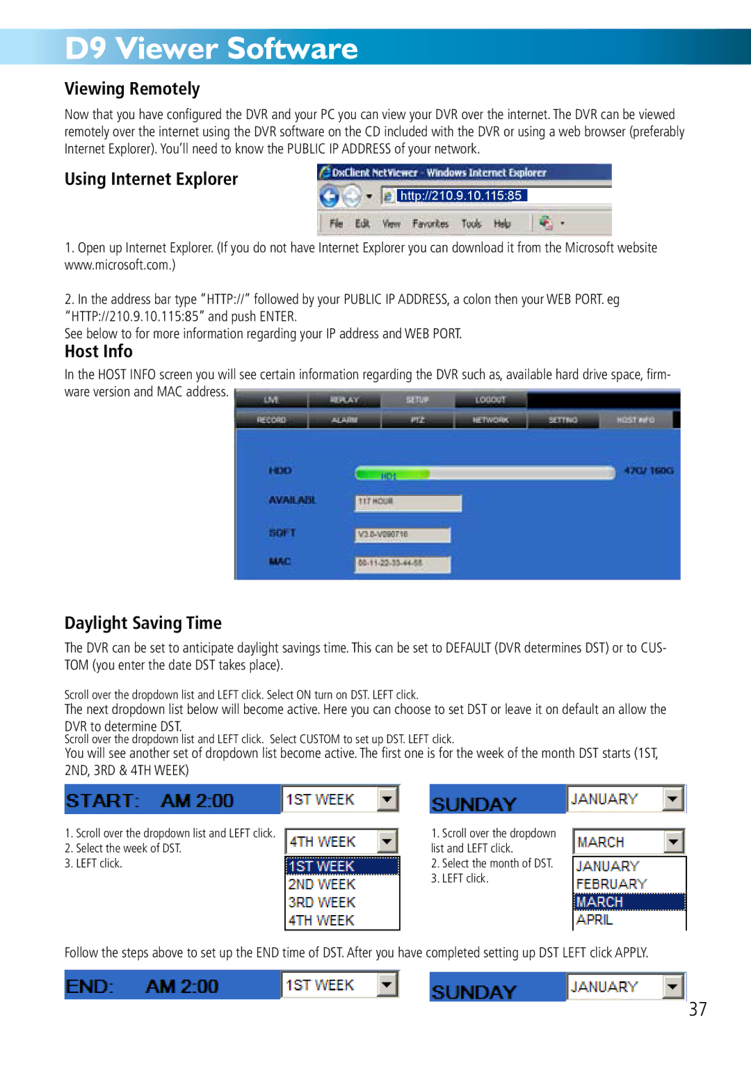 Swann DVR8-2500 manual Viewing Remotely, Using Internet Explorer, Host Info, Daylight Saving Time 