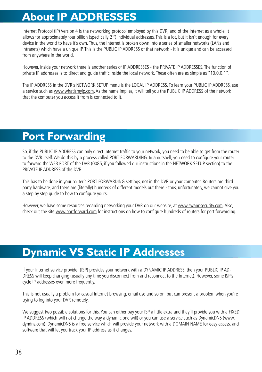 Swann DVR8-2500 manual About IP Addresses, Port Forwarding, Dynamic VS Static IP Addresses 