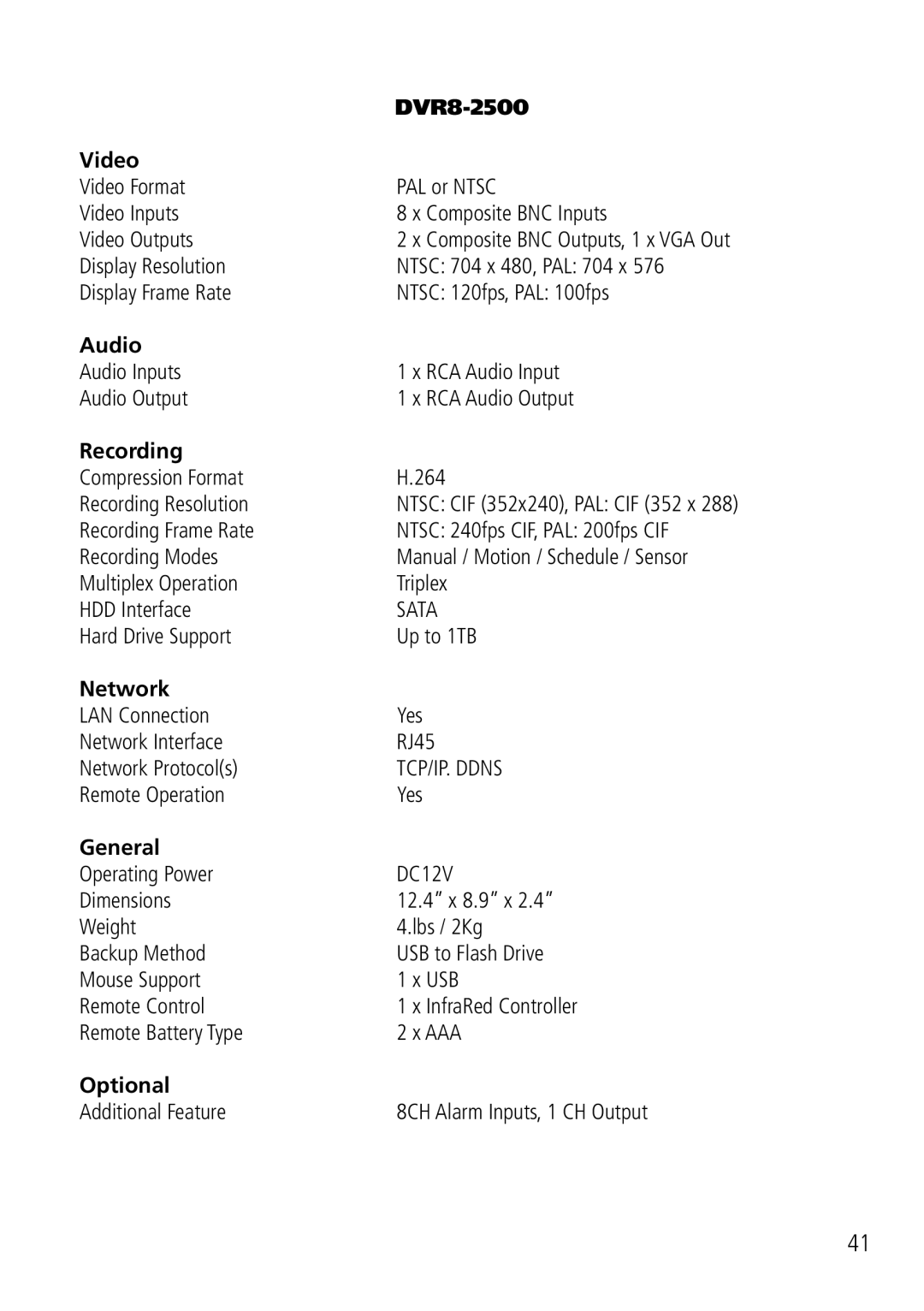 Swann DVR8-2500 manual Technical Specifications 