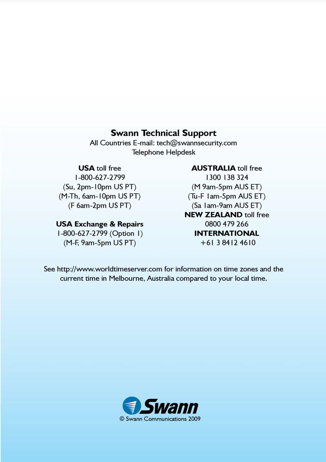 Swann DVR8-2500 manual Australia toll free, NEW Zealand toll free 