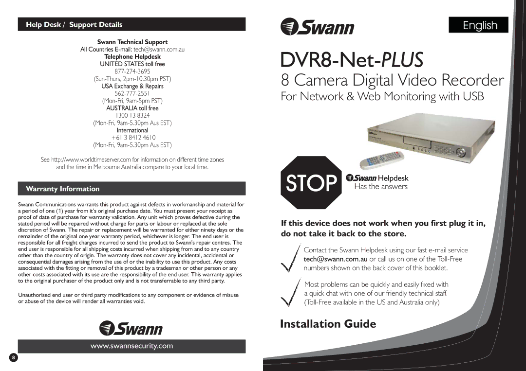 Swann DVR8-Net-Plus warranty Help Desk / Support Details, Warranty Information 