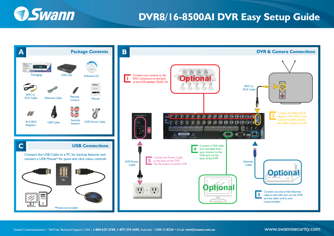 Swann setup guide DVR8/16-8500AI DVR Easy Setup Guide, Optional, Package Contents DVR & Camera Connections 