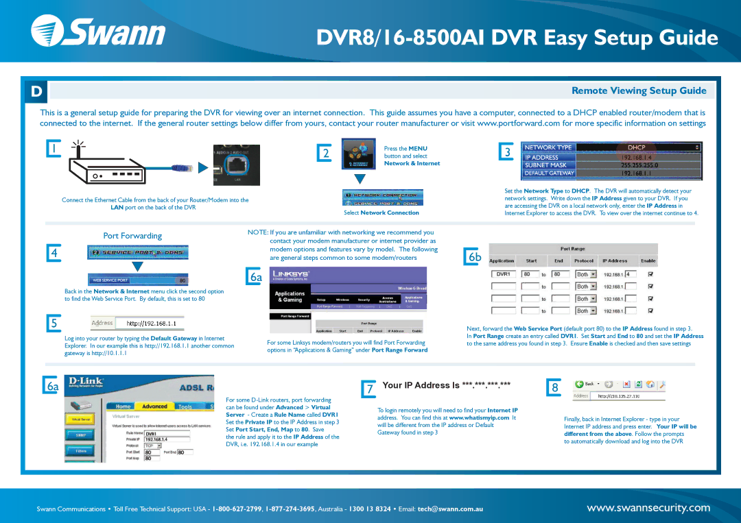 Swann DVR8/16-8500AI setup guide Remote Viewing Setup Guide, Port Forwarding, Your IP Address Is, Network & Internet 