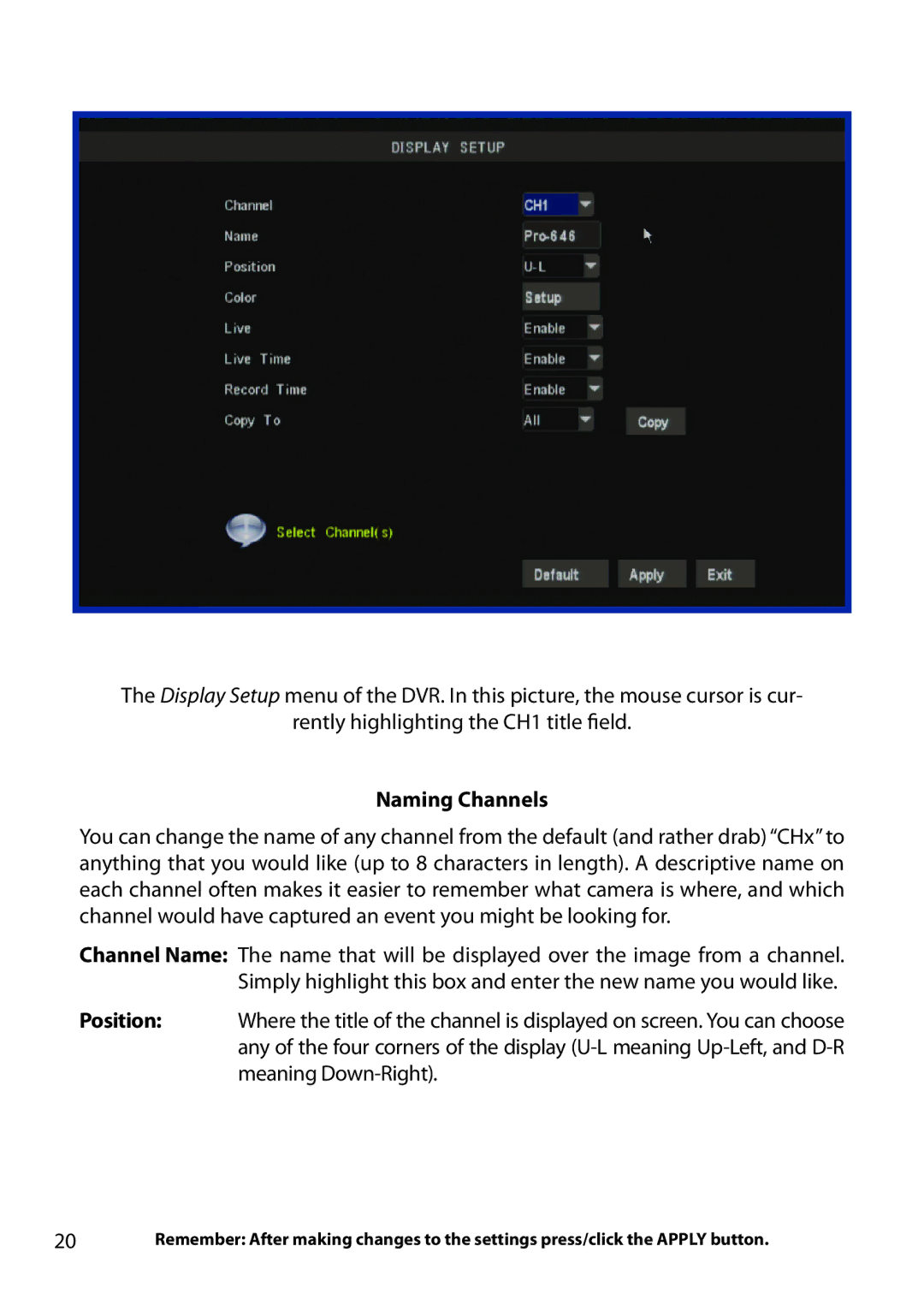 Swann H.264 manual Display Setup Menu, Naming Channels 