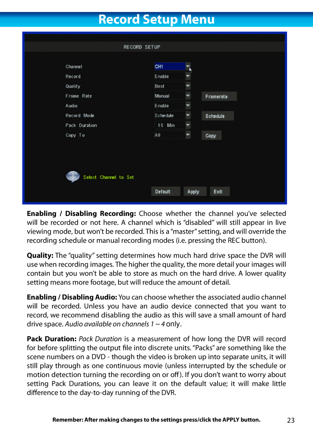 Swann H.264 manual Record Setup Menu 