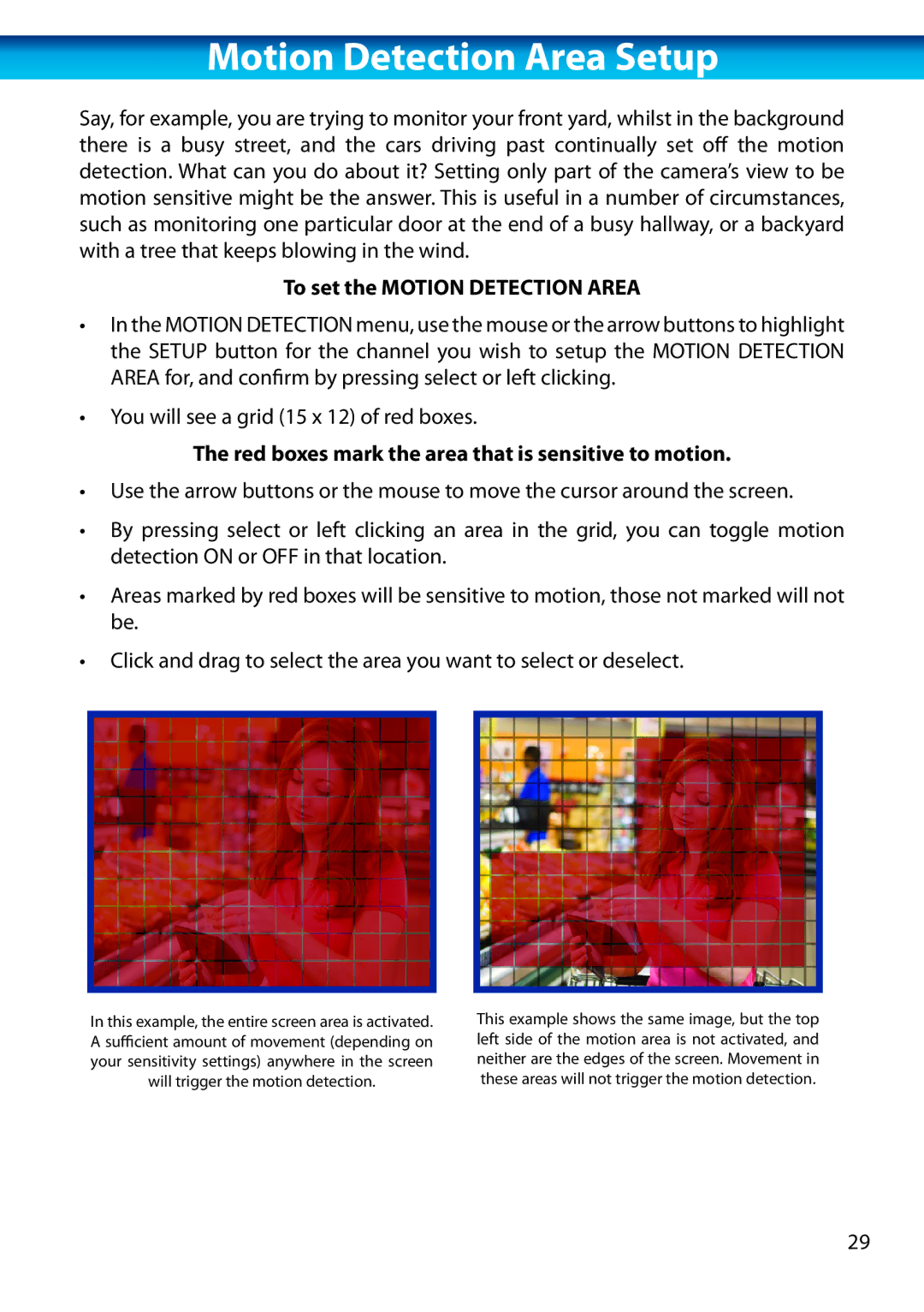 Swann H.264 manual Motion Detection Area Setup, To set the Motion Detection Area 