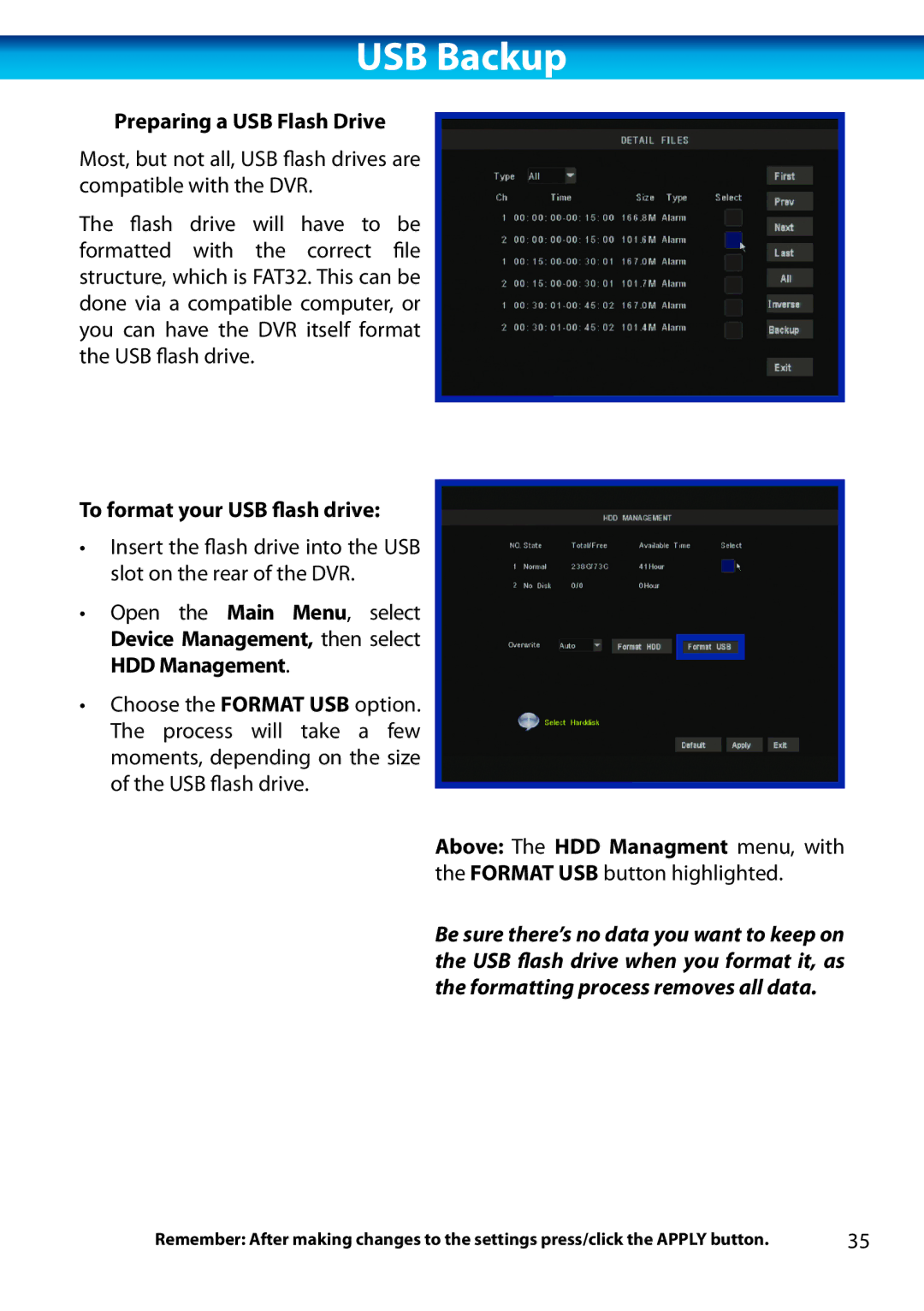 Swann H.264 manual USB Backup, Preparing a USB Flash Drive, To format your USB flash drive 