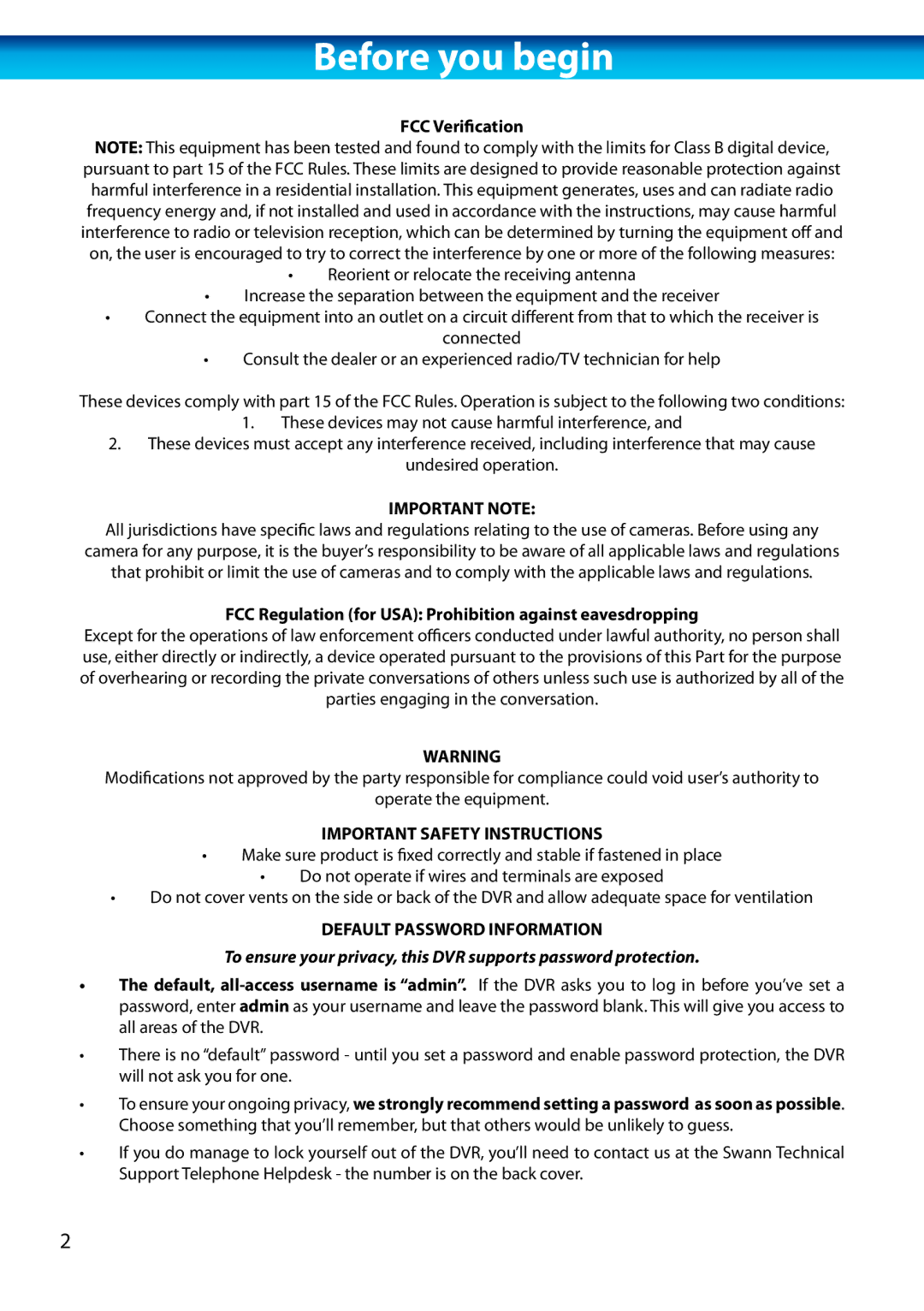 Swann H.264 manual Before you begin, FCC Verification 