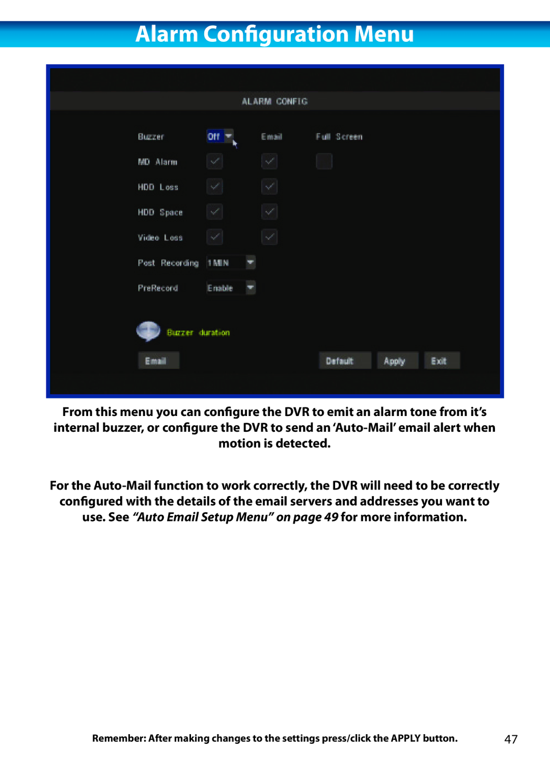 Swann H.264 manual Alarm Configuration Menu 