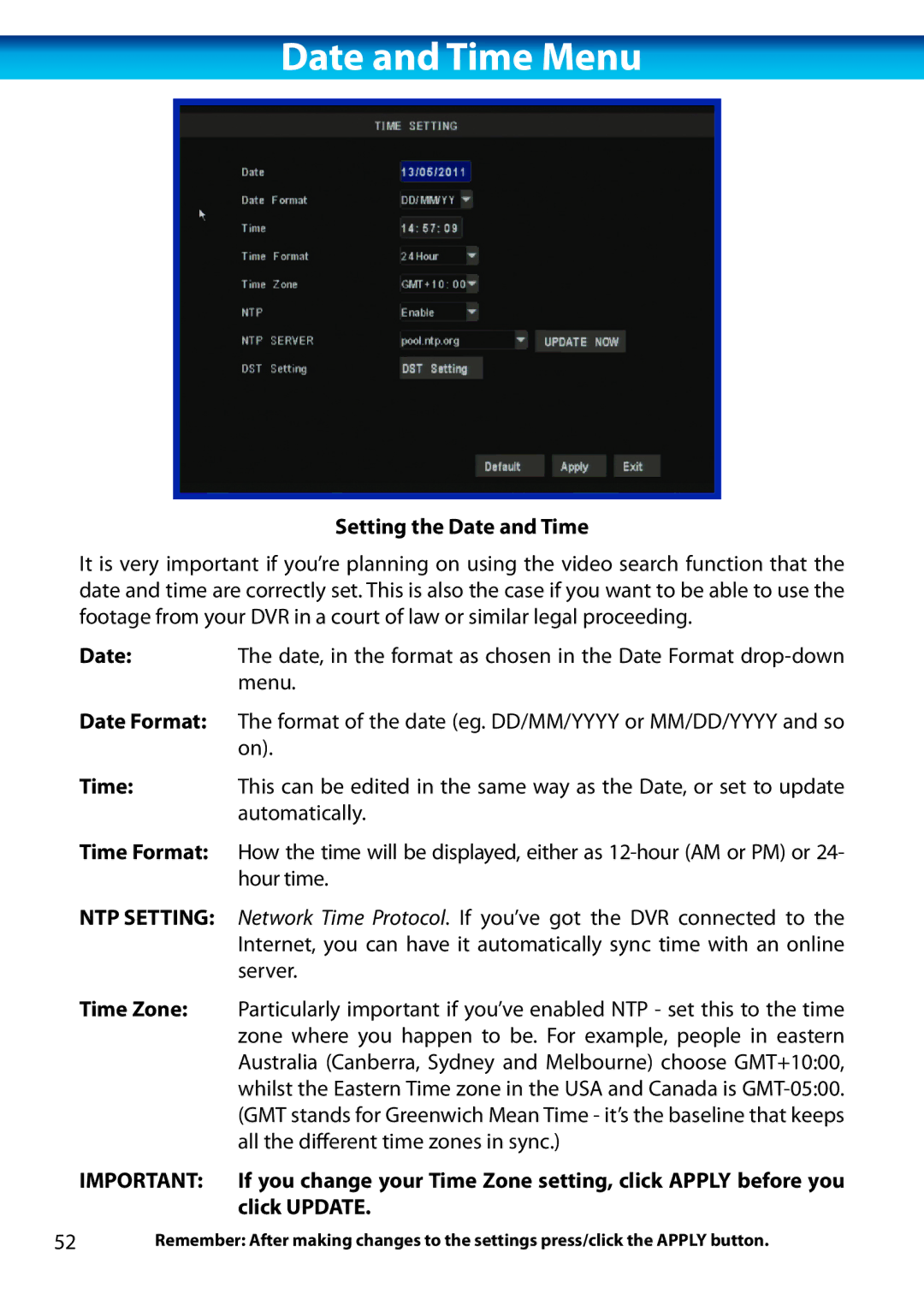 Swann H.264 manual Date and Time Menu, Setting the Date and Time 