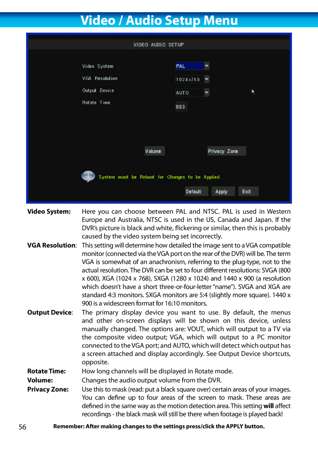 Swann H.264 manual Video / Audio Setup Menu 