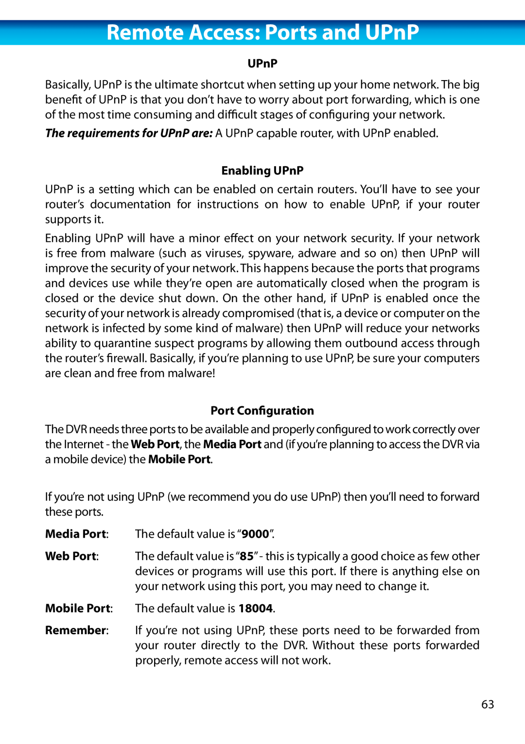 Swann H.264 manual Remote Access: Ports and UPnP, Enabling UPnP, Port Configuration 