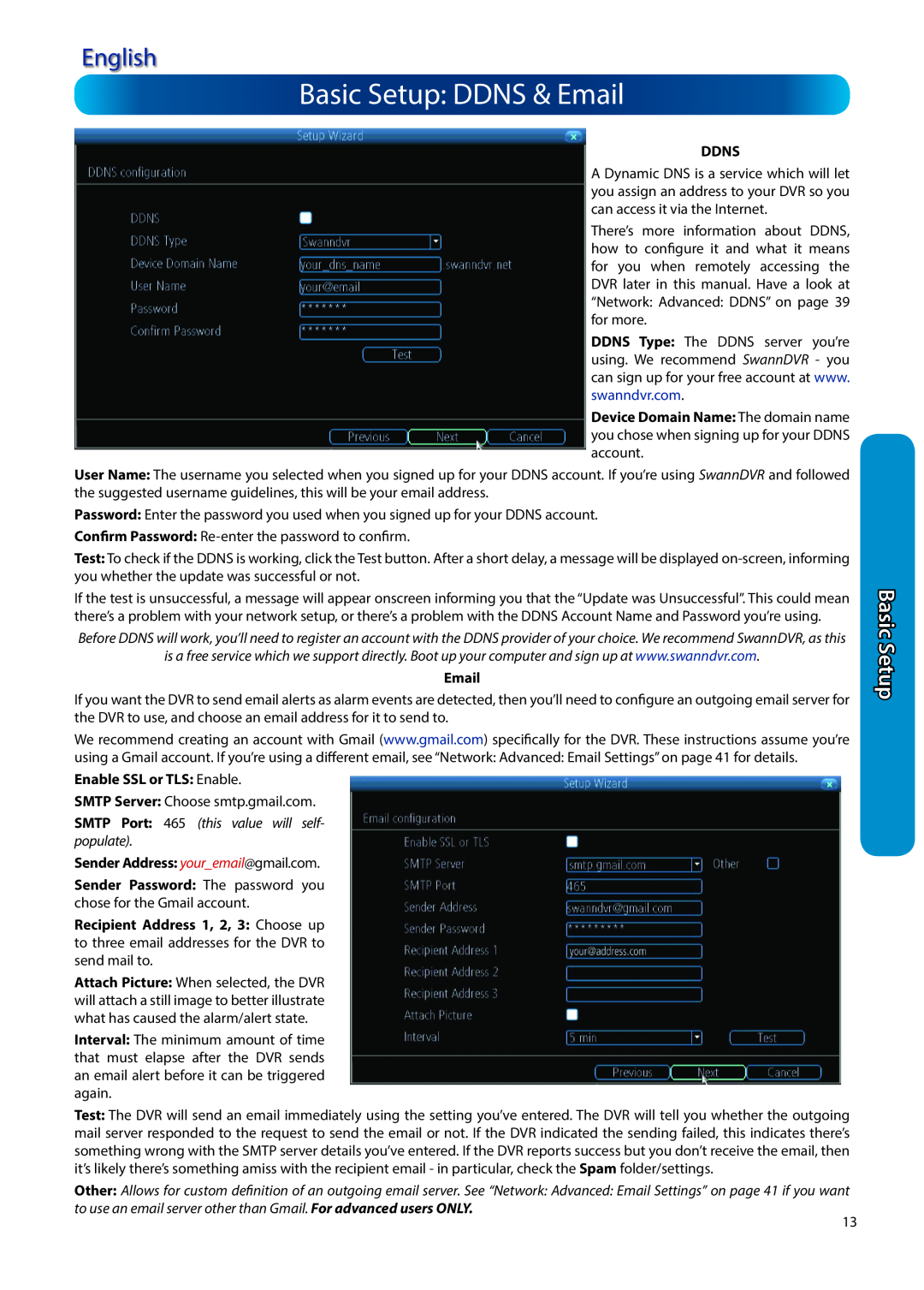 Swann H.264 Basic Setup: DDNS & Email, English, Ddns, Enable SSL or TLS: Enable, Sender Address: your_email@gmail.com 