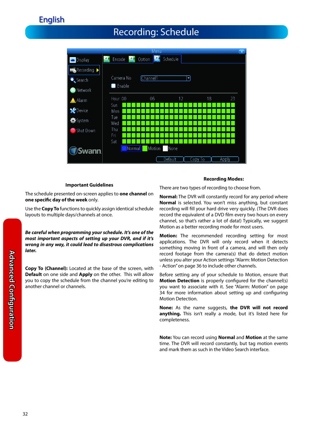 Swann H.264 manual Recording: Schedule, English, Advanced Configuration, Important Guidelines, Recording Modes 