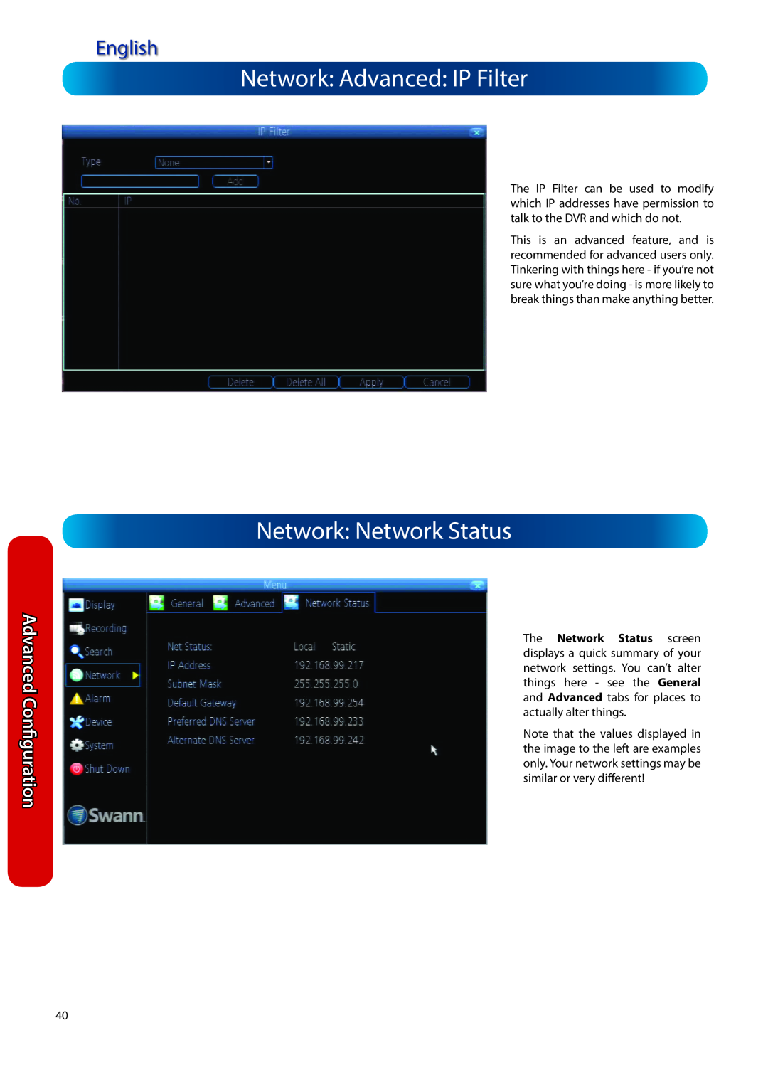 Swann H.264 manual Network: Advanced: IP Filter, Network: Network Status, English, Advanced Configuration 