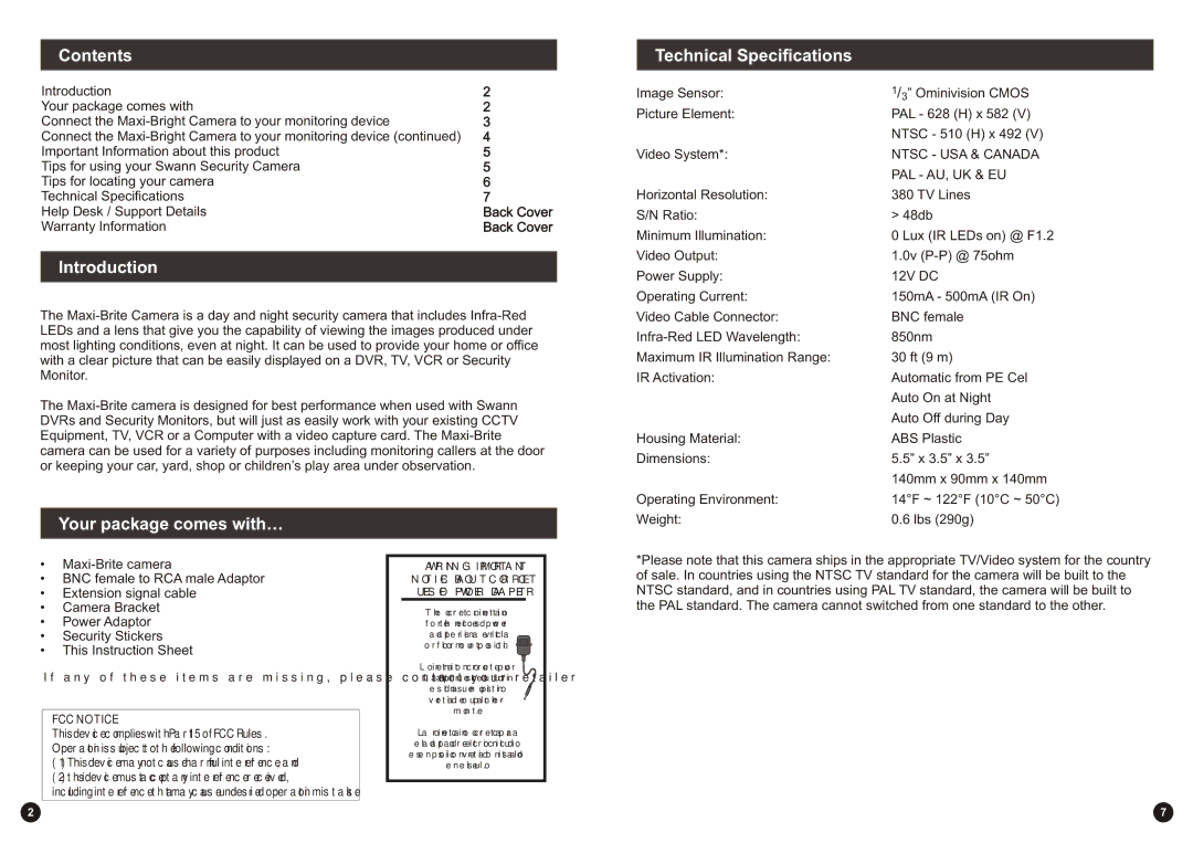 Swann Home Security System warranty Contents, Introduction, Your package comes with… Technical Specifications 