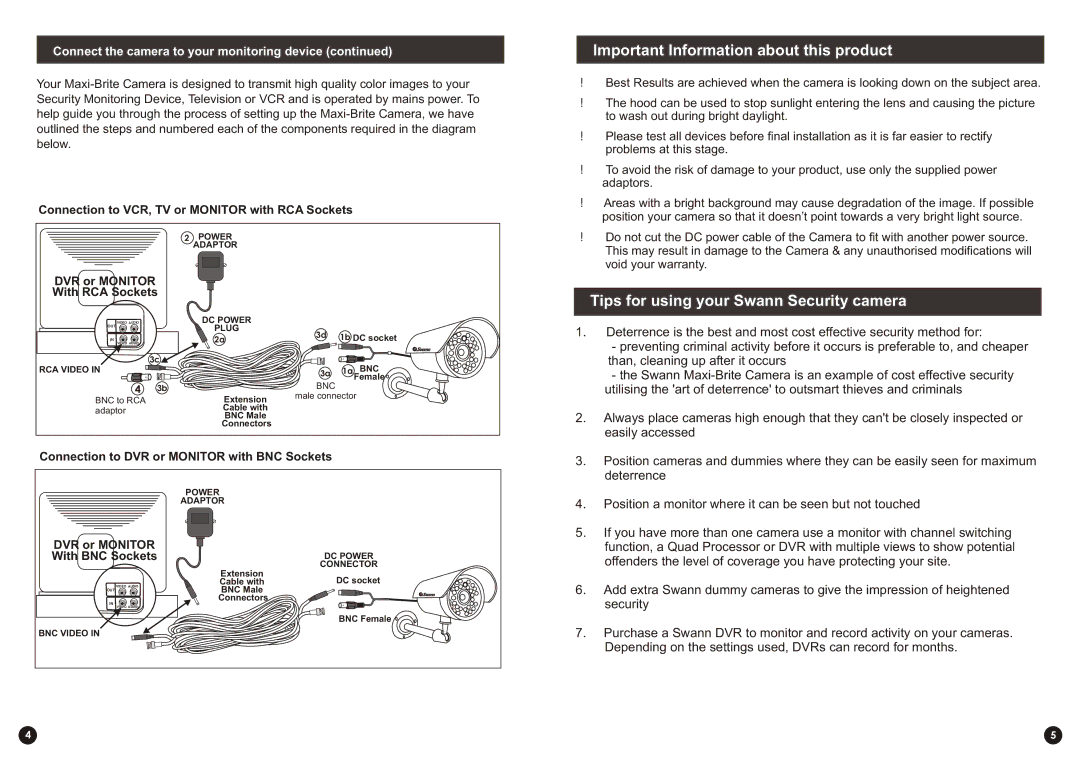 Swann Home Security System warranty Important Information about this product, Tips for using your Swann Security camera 