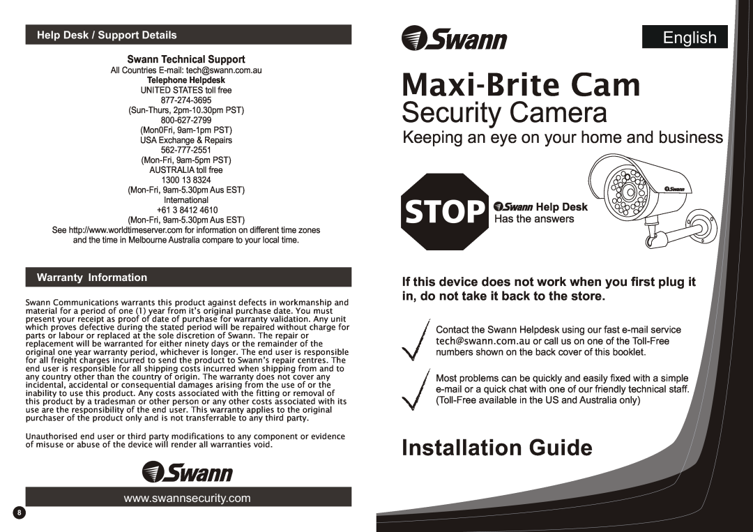 Swann Home Security System warranty Help Desk / Support Details, Warranty Information, Maxi-BriteCam, Security Camera 