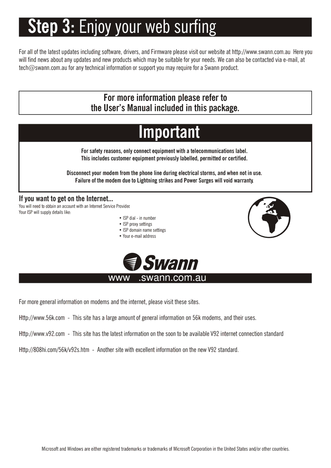 Swann II manual Enjoy your web surfing, If you want to get on the Internet 