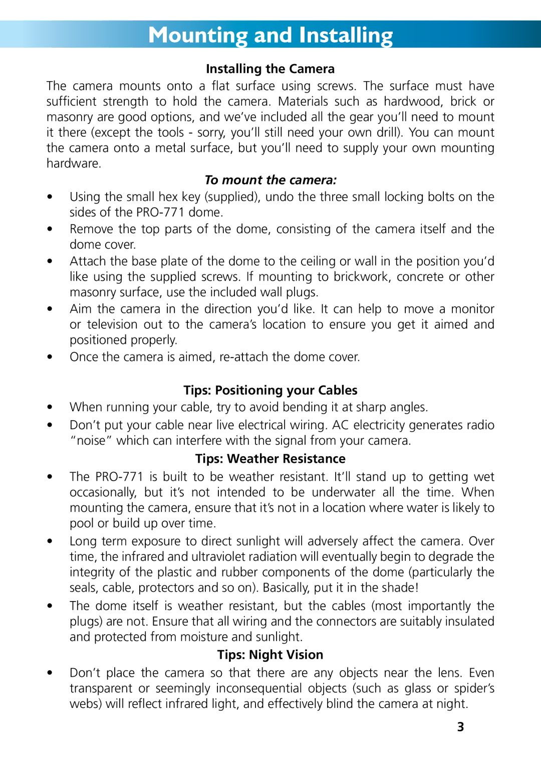 Swann M771CAM190312E manual Mounting and Installing, To mount the camera 