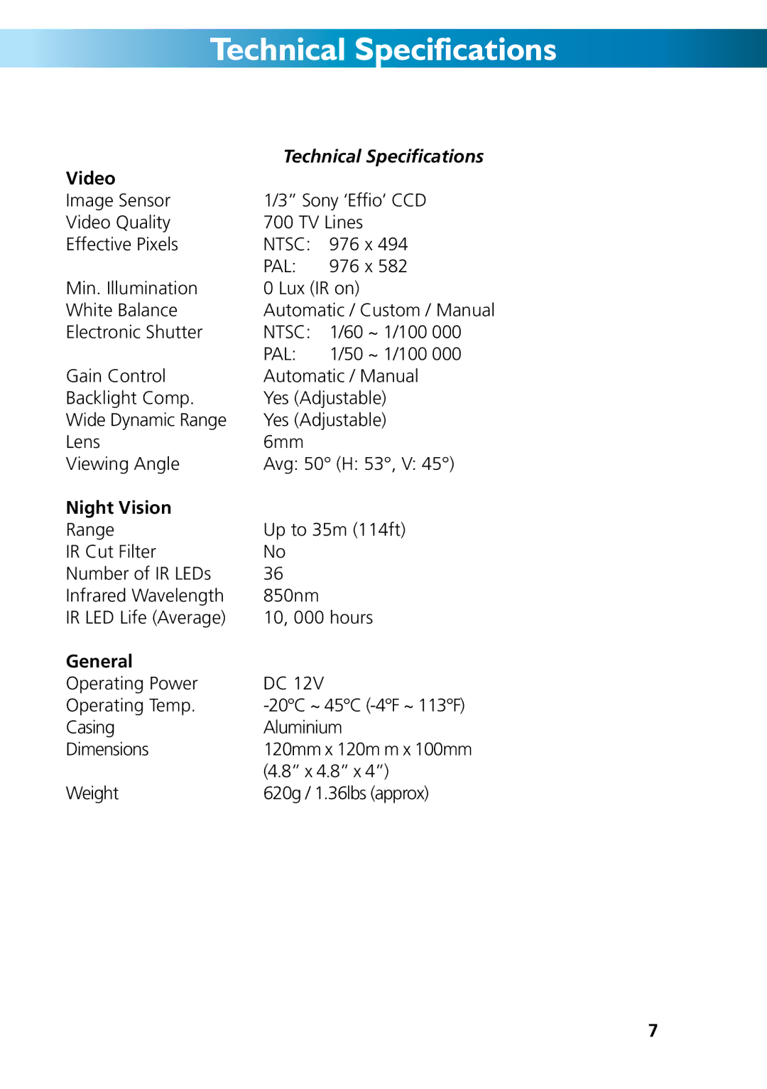 Swann M771CAM190312E manual Technical Specifications, Video, Night Vision, General 