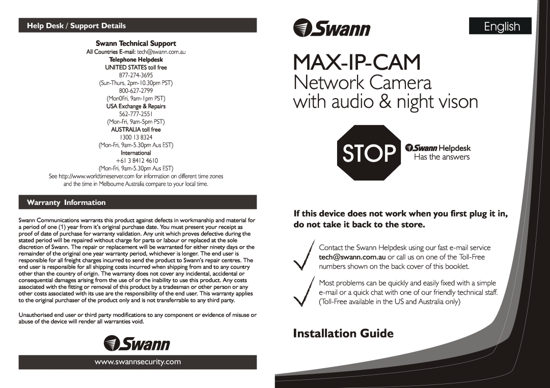 Swann Max-IP-CAM warranty Max-Ip-Cam, Network Camera with audio & night vison, English, Installation Guide 