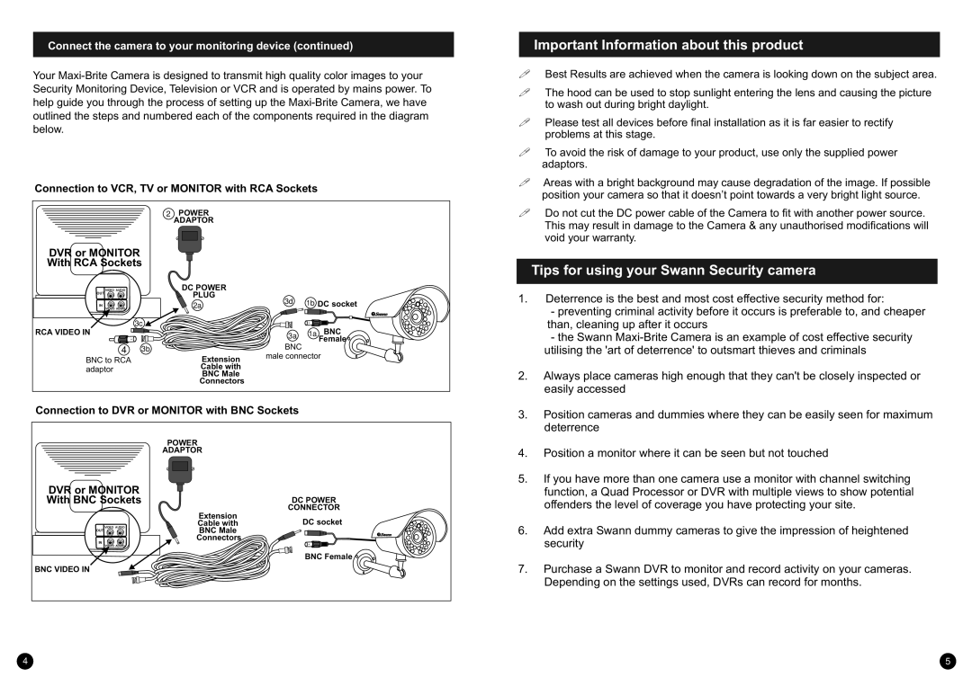 Swann Maxi-Brite Cam warranty ImportantInformationaboutthisproduct, TipsforusingyourSwannSecuritycamera 