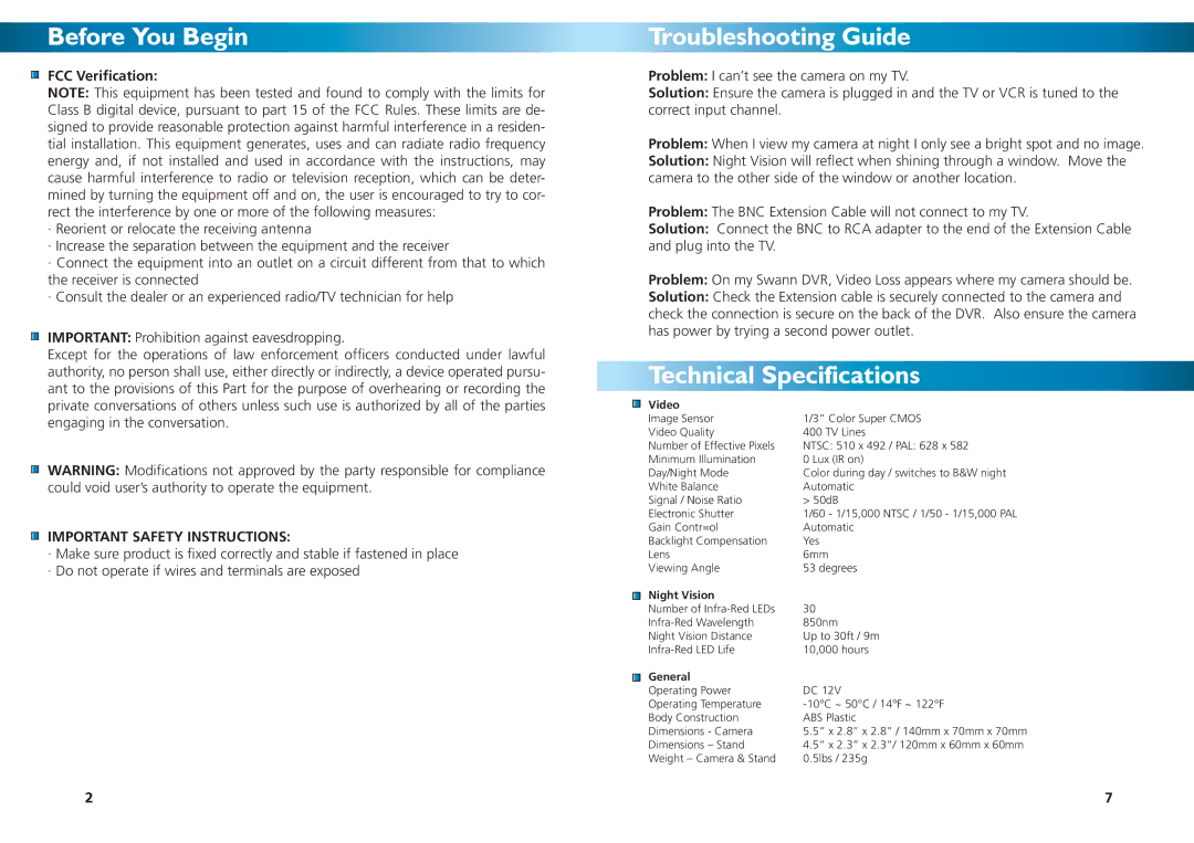 Swann PNP-150/2D warranty Before You Begin, Troubleshooting Guide, Technical Specifications, FCC Veriﬁcation 