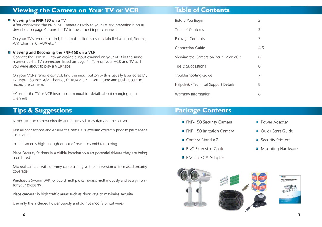 Swann PNP-150/2D warranty Viewing the Camera on Your TV or VCR, Tips & Suggestions, Table of Contents, Package Contents 