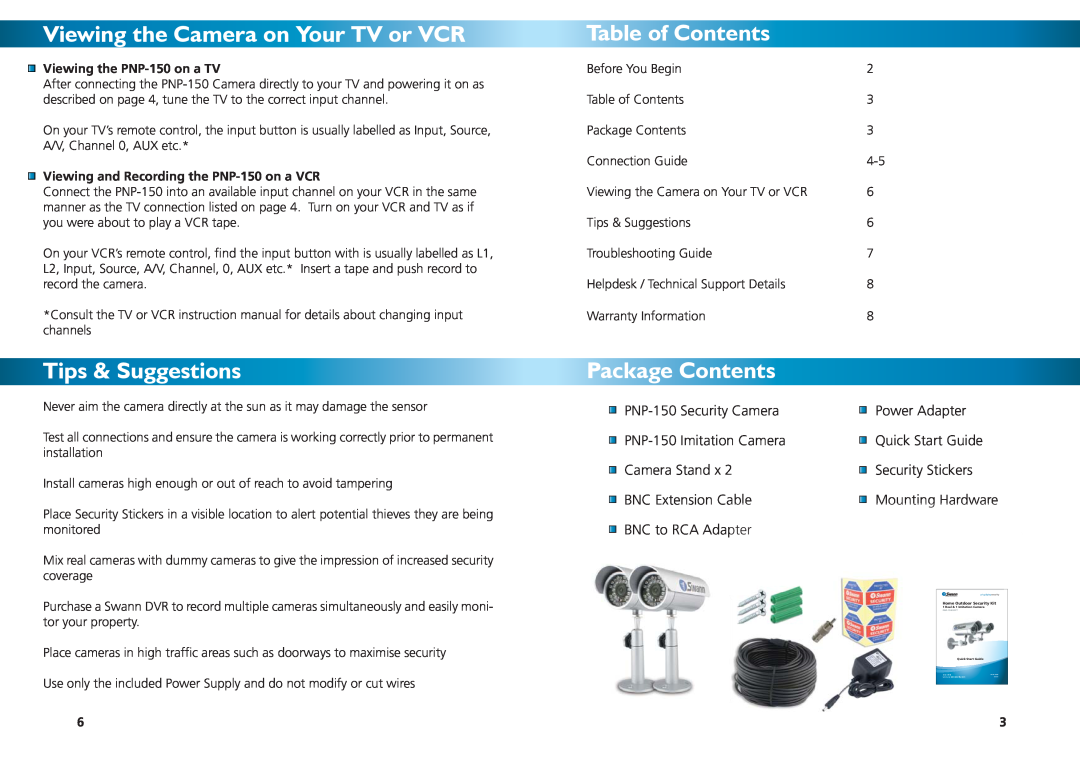 Swann PNP-150/2D warranty Viewing the Camera on Your TV or VCR, Tips & Suggestions, Table of Contents, Package Contents 