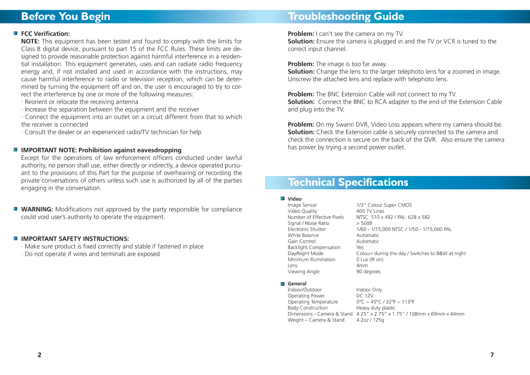 Swann PNP-50 warranty Before You Begin, Troubleshooting Guide, Technical Specifications, FCC Veriﬁcation 