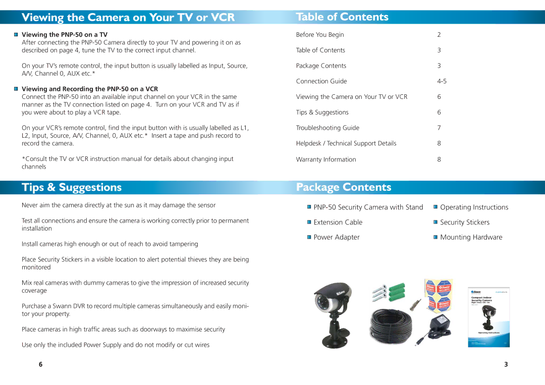 Swann PNP-50 warranty Viewing the Camera on Your TV or VCR, Tips & Suggestions, Table of Contents, Package Contents 