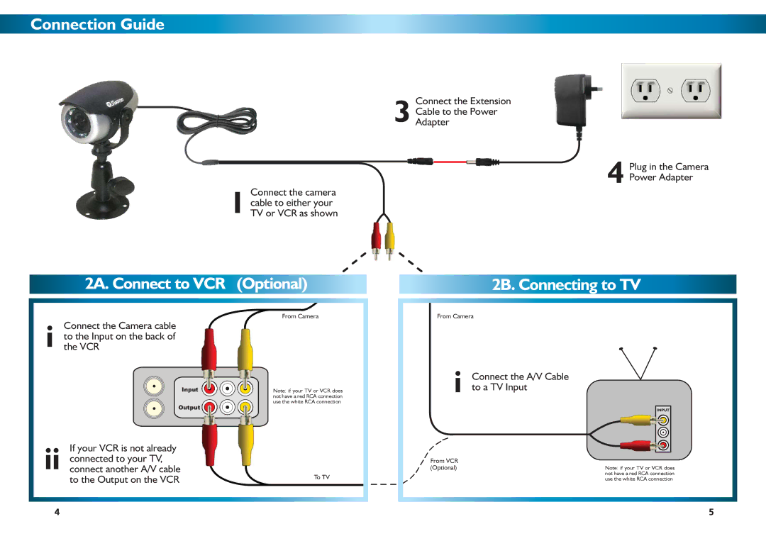 Swann PNP-50 warranty Connection Guide, 2A. Connect to VCR Optional, 2B. Connecting to TV 