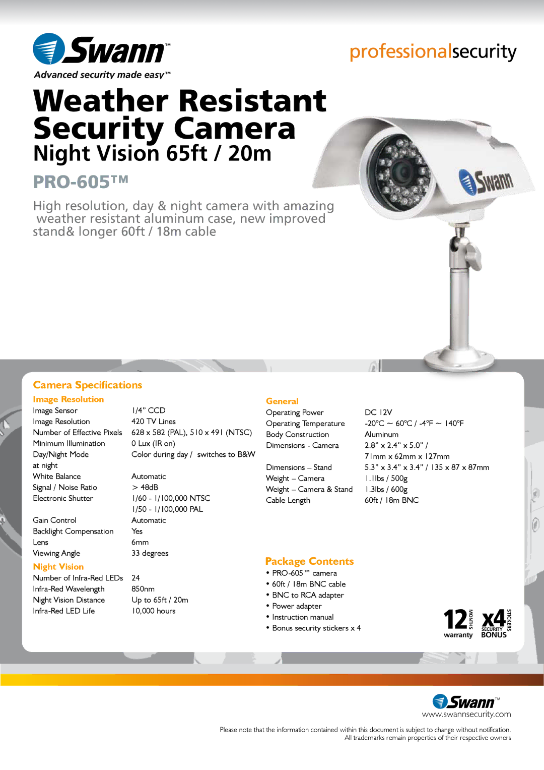 Swann PRO-605 manual Camera Specifications, Package Contents 