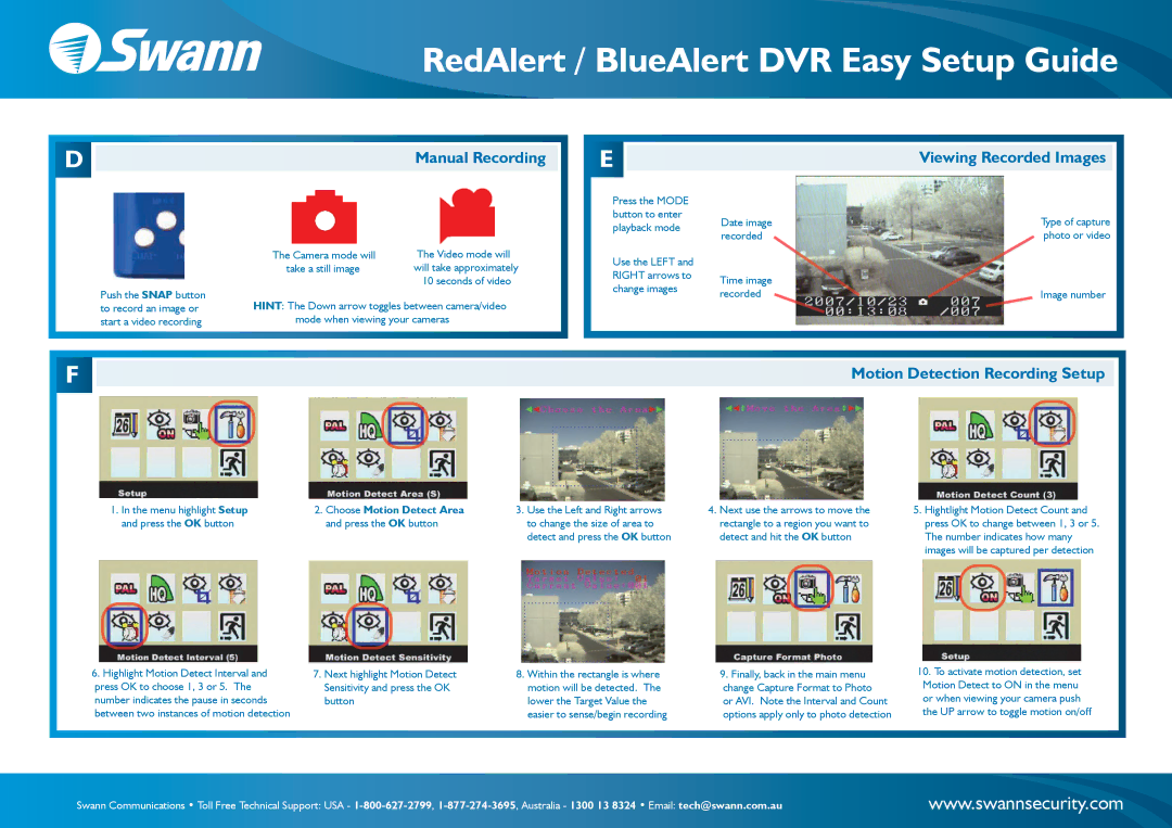 Swann RedAlert/BlueAlert DVR setup guide Manual Recording, Viewing Recorded Images, Motion Detection Recording Setup 