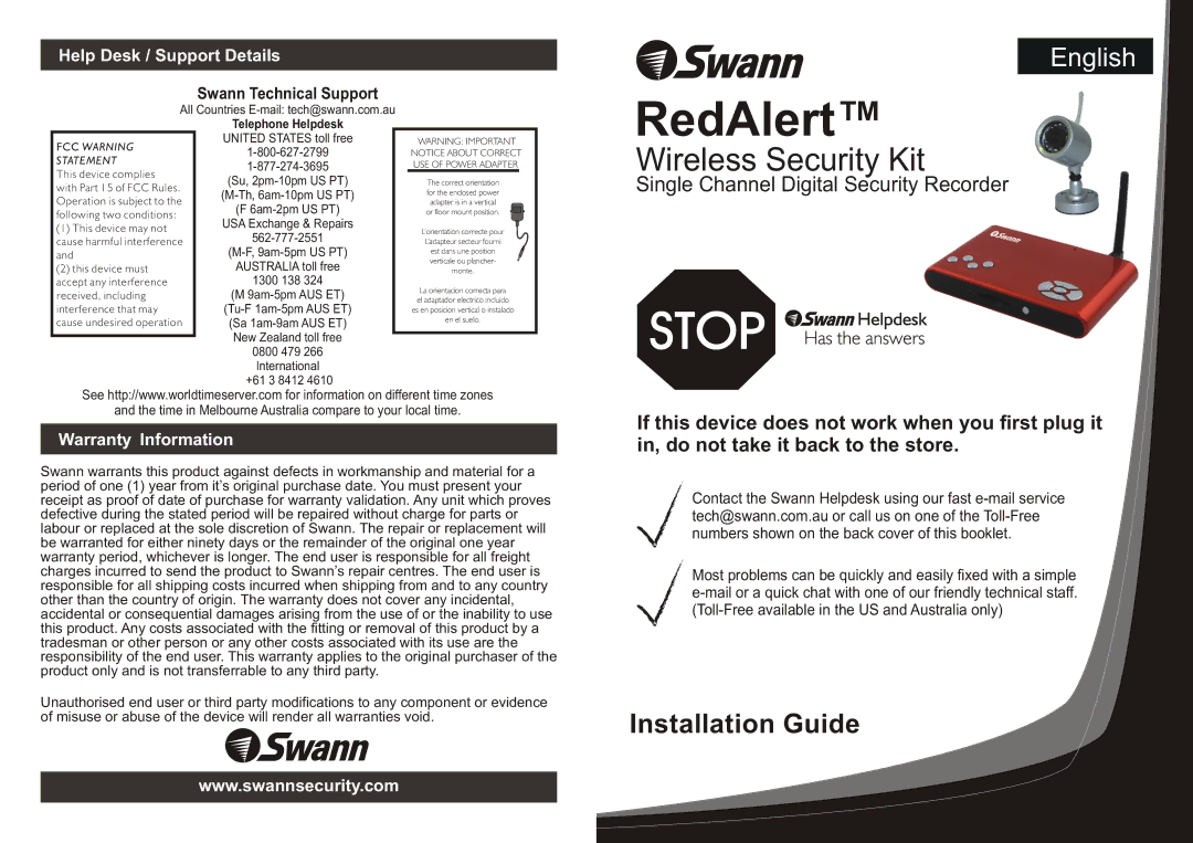 Swann Single Channel Digital Security Recorder warranty Help Desk / Support Details, Warranty Information 