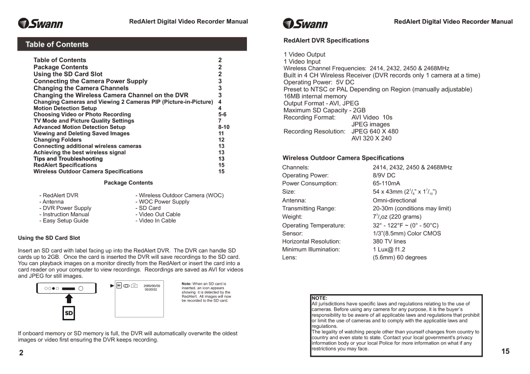 Swann Single Channel Digital Security Recorder warranty Table of Contents 