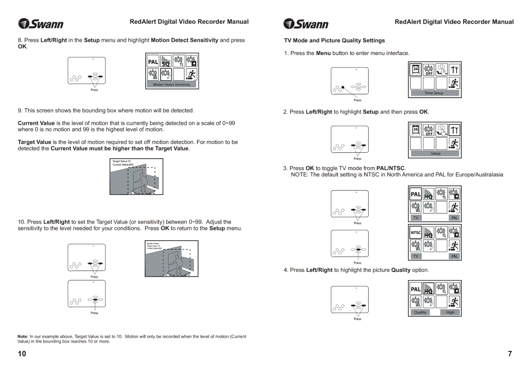 Swann Single Channel Digital Security Recorder warranty TV Mode and Picture Quality Settings 