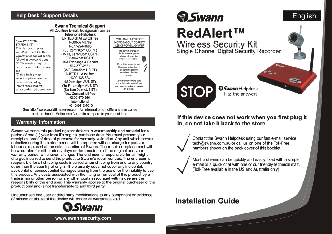 Swann Single Channel Digital Security Recorder warranty Help Desk / Support Details, Warranty Information, RedAlert 