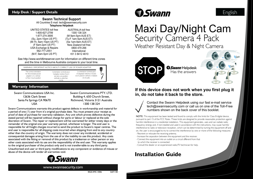 Swann SR225-4MC-10006 warranty HelpDesk/SupportDetails, Warranty Information, MaxiDay/NightCam, SecurityCamera4Pack 